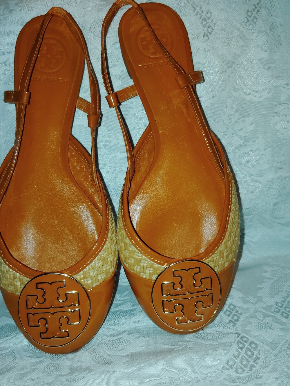 Tory Burch Raffia Patent Leather Logo Flat Slingbacks Orange Sz 8 M - Picture 4 of 8